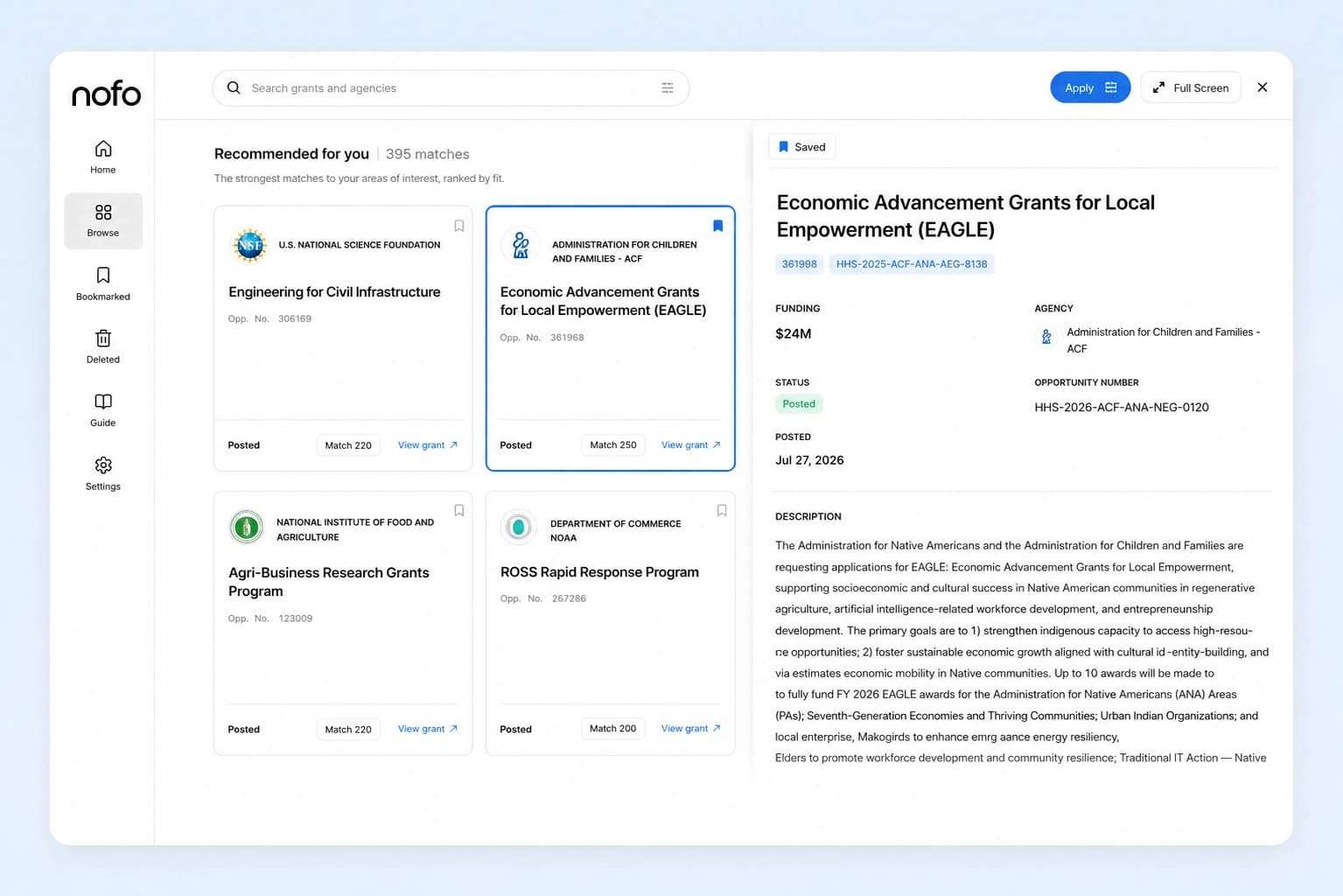 The nofo portal showing recommended grants and an open grant detail