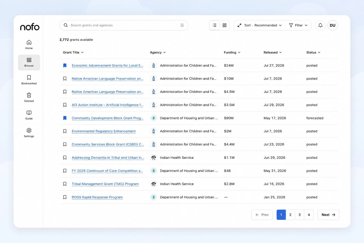 The nofo browse view listing thousands of grants with agency, funding, release date, and status